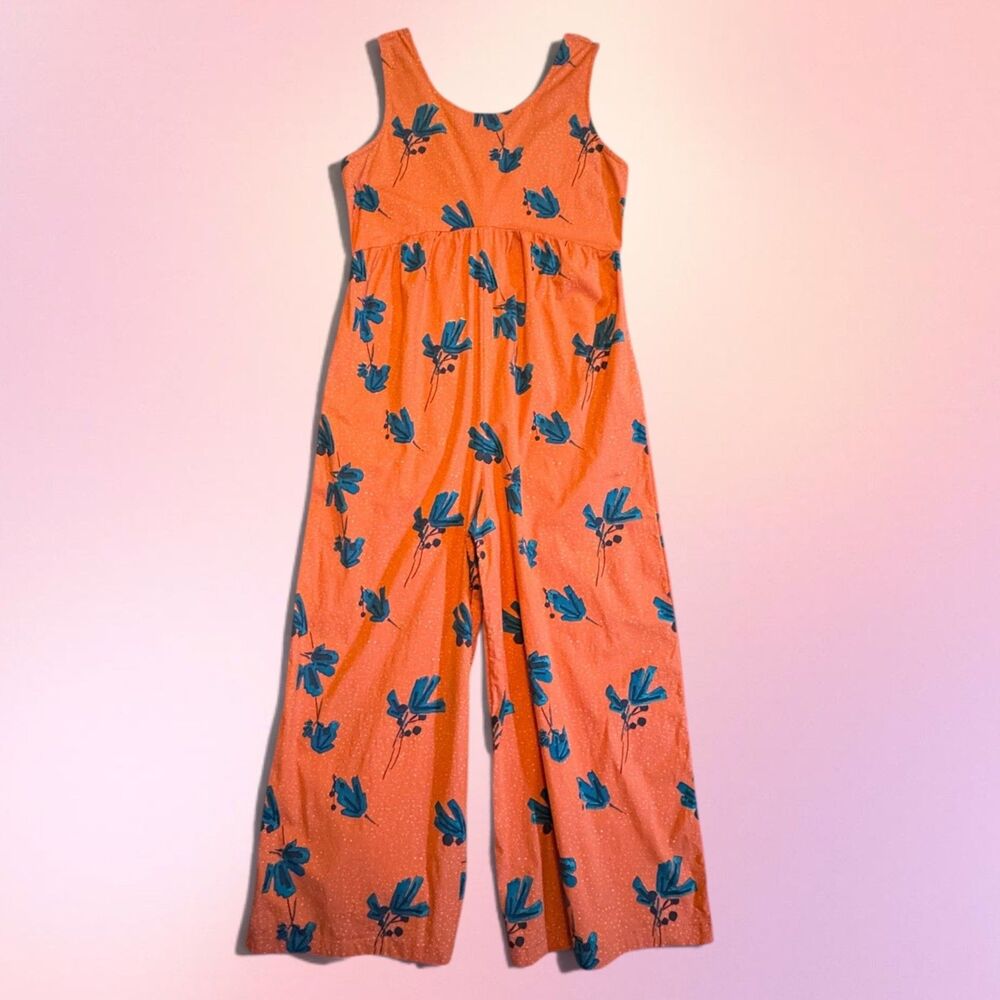 Anthropologie Bel Kazan Felizia Jumpsuit M Orange Teal Floral Wide Leg Boho Vtg